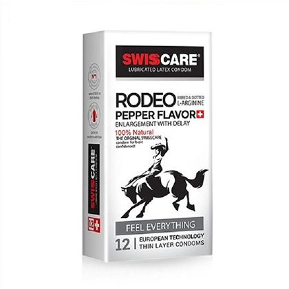 کاندوم بزرگ کننده و تاخیری خاردار سوئیس کر Rodeo Pepper Flavor بسته ۱۲ عددی